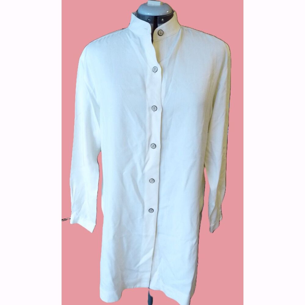 Linda Allard Ellen Tracy  Cream 100% Silk Minimalist Tab Collar Tunic Shirt 12 L
